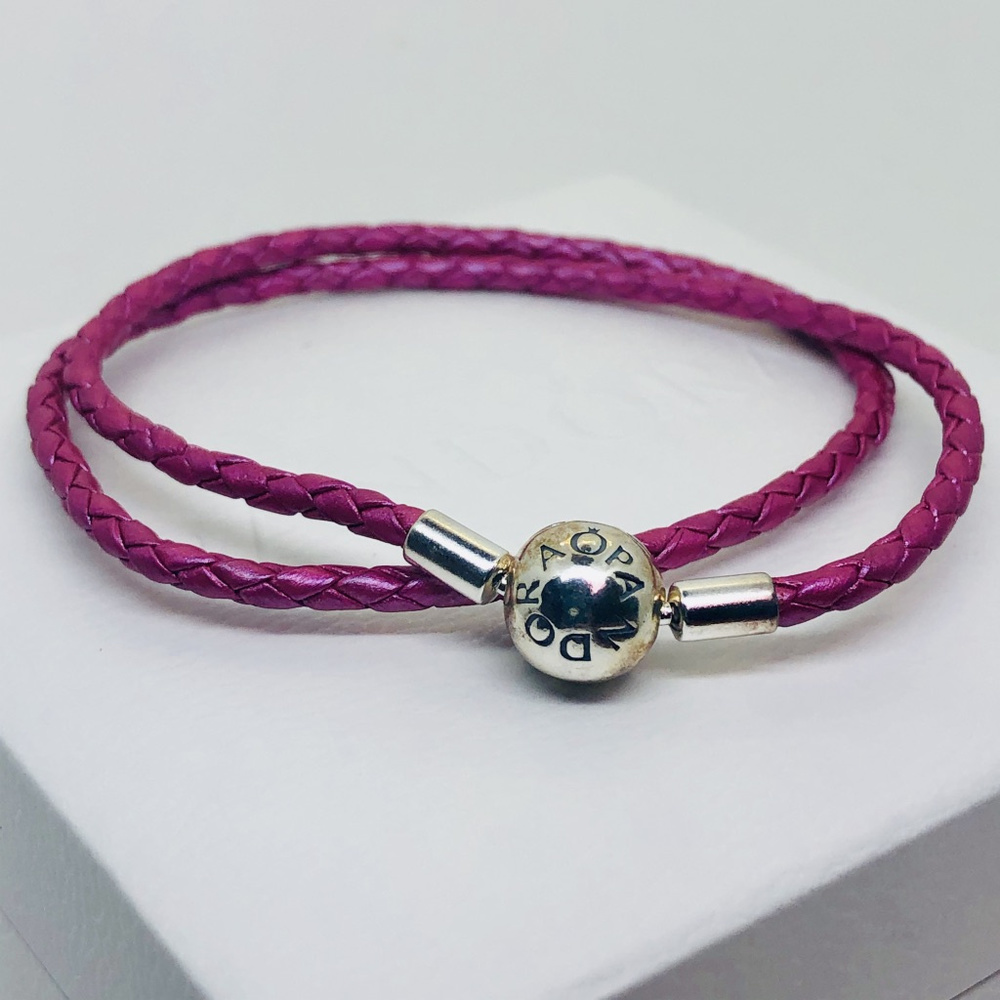 PANDORA Double Braided Leather Pink Bracelet, 19cm - Picture 3 of 8